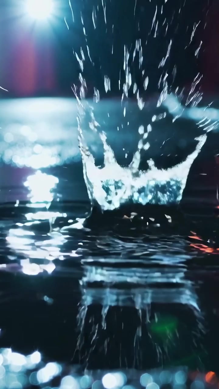 Video vertical: Gota impactando, creando una salpicadura en forma de corona en un charco retroiluminado, enviando ondas para estudiar