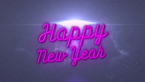 animación de feliz año nuevo texto de neón rosa sobre luz brillante sobre fondo oscuro
