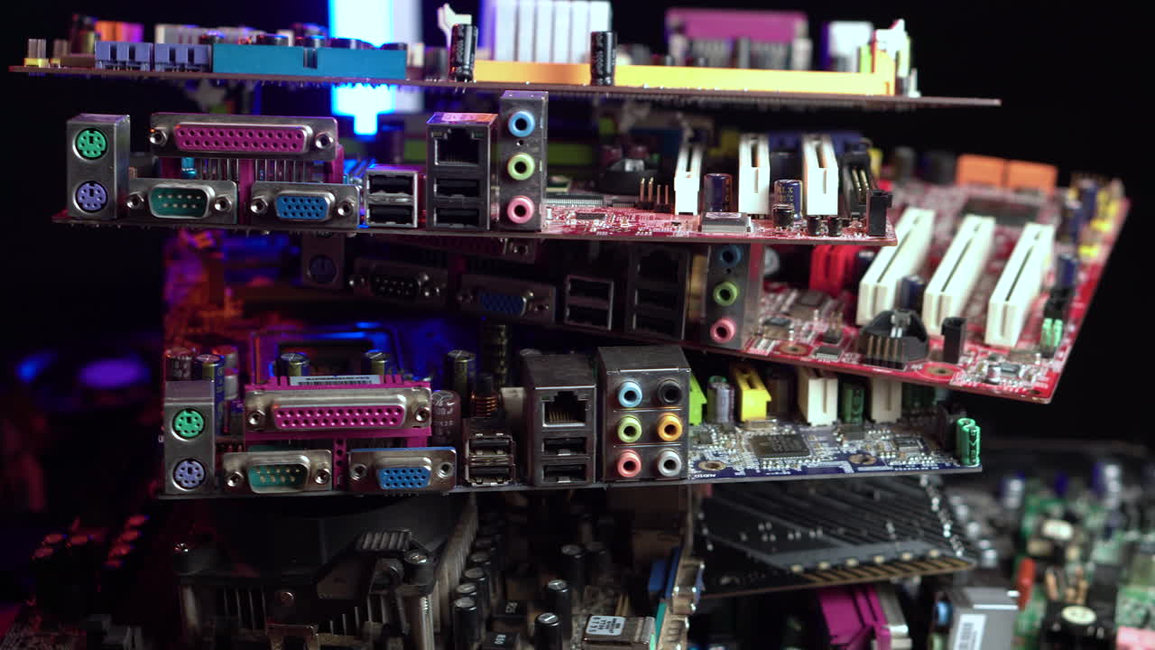 Electronic Waste, Heap of Computer Motherboards and Parts, Close Up