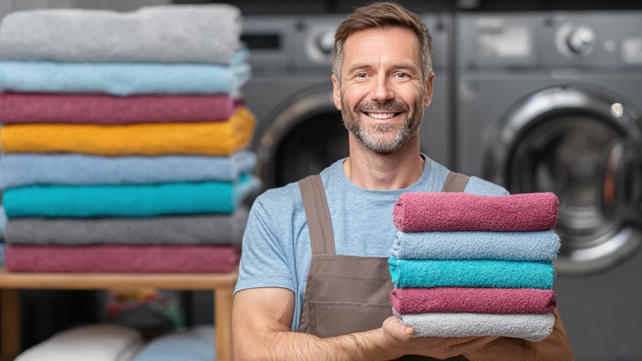A cheerful man in an apron proudly holding neatly stacked towels in a laundry facility, surrounded by colorful towels and washing machines in the background