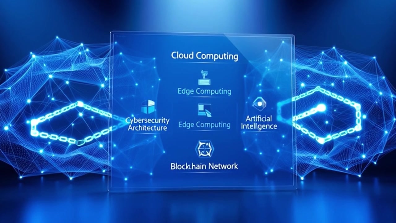 Interfaccia di tecnologia digitale che mostra concetti di cloud computing e rete blockchain