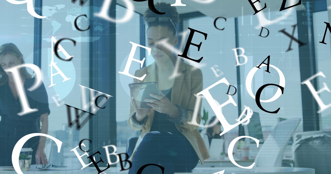 Animation of letters and infographic interface over woman surfing on smartphone in office