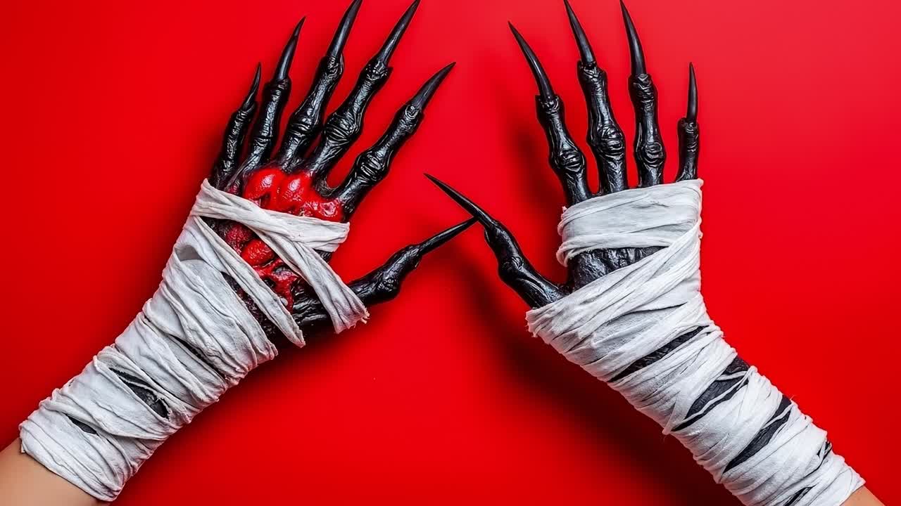 A pair of hands wrapped in white and black mummified hands on a red background