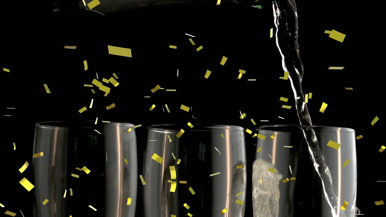 Animation of confetti falling and champagne being poured into glass