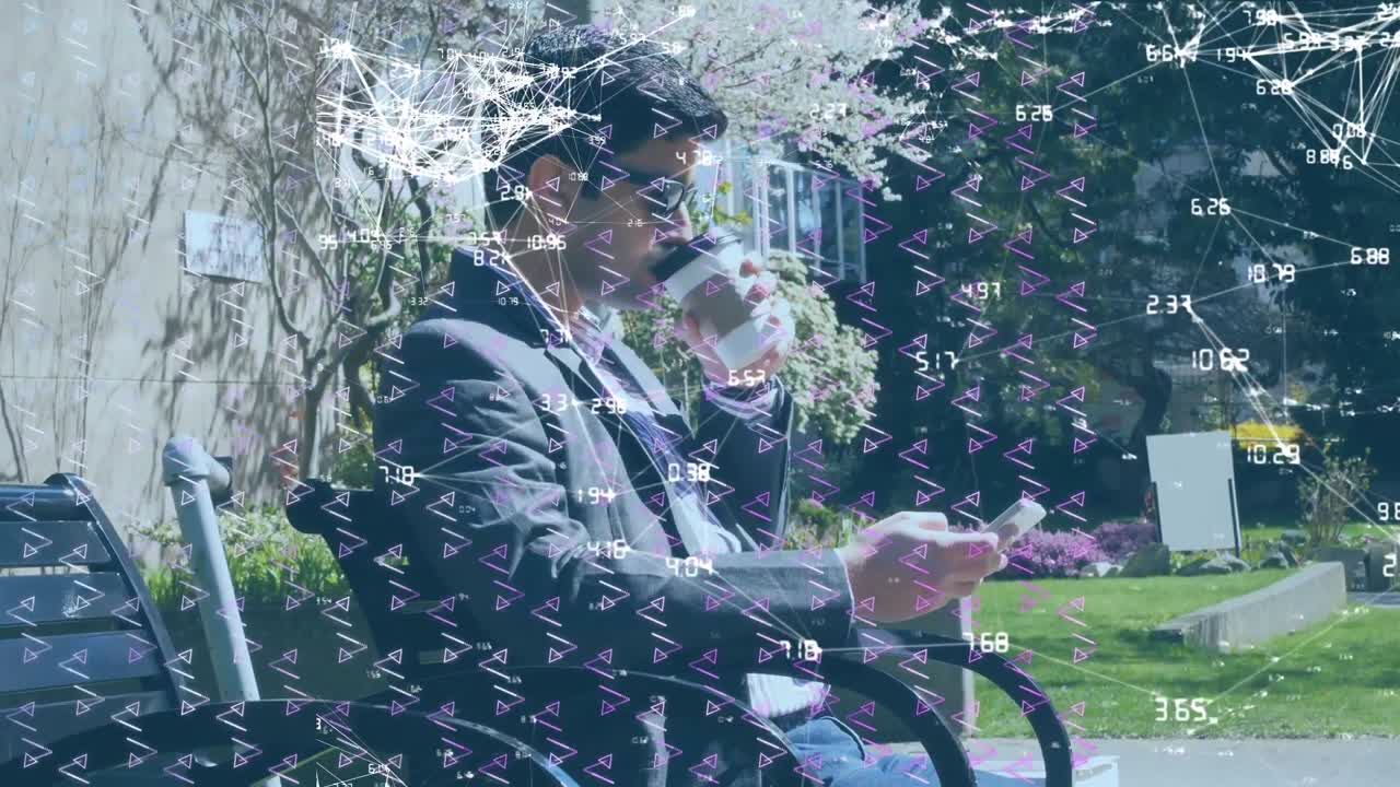 스마트 폰을 사용하는 카우카스 사업가에 대한 패턴과 연결 네트워크의 애니메이션