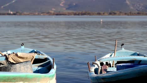 anchored boat on the shore of the lake