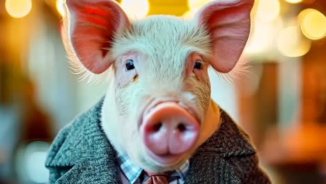 a pig wearing a suit and tie sitting at a table