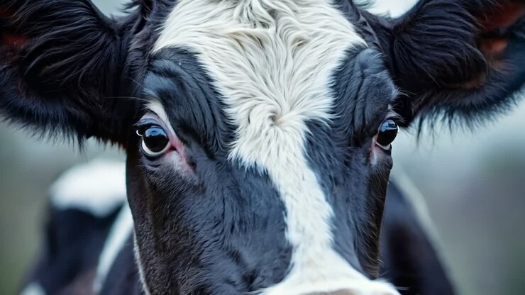 Una mucca bianca e nera in piedi in un campo