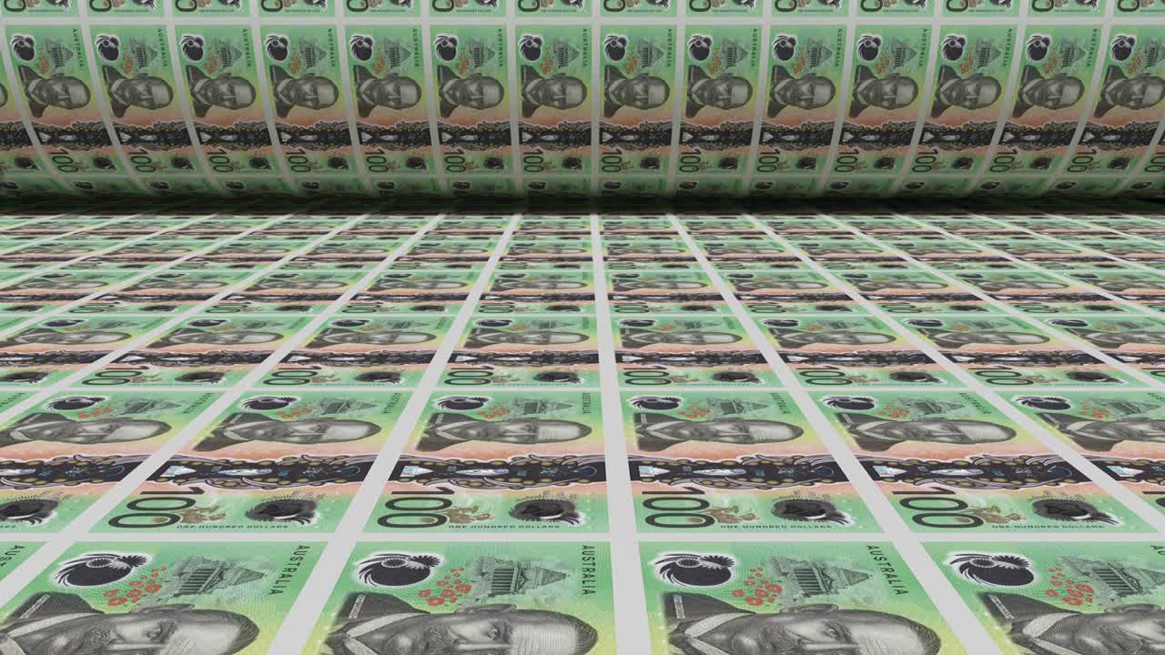 인플레이션, 오스트레일리아 달러 지폐 또는 지폐, 오드 통화 현금, 돈 인쇄 기계의 스택, 중앙 은행에서 정부 서류 프로세스, 경제, 금융, 세탁, 교환, 3d 일러스트.