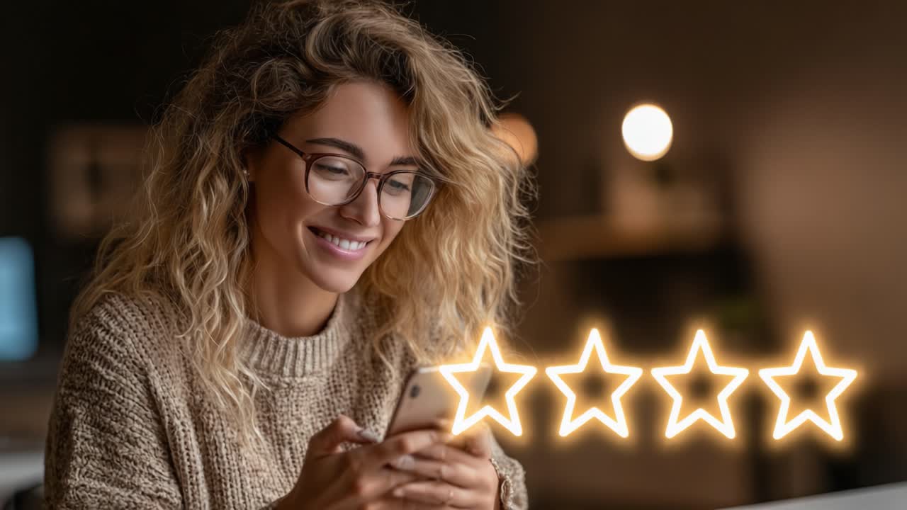 Joyful Woman Engaged with Smartphone while Rating Experience with Five Stars in Cozy Indoor Setting during Evening