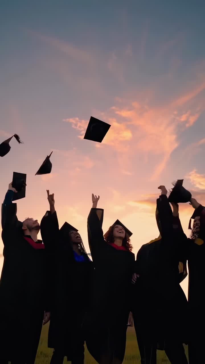 Video da angolazione bassa di laureati che lanciano con gioia i cappelli verso un cielo al tramonto dai colori vivaci