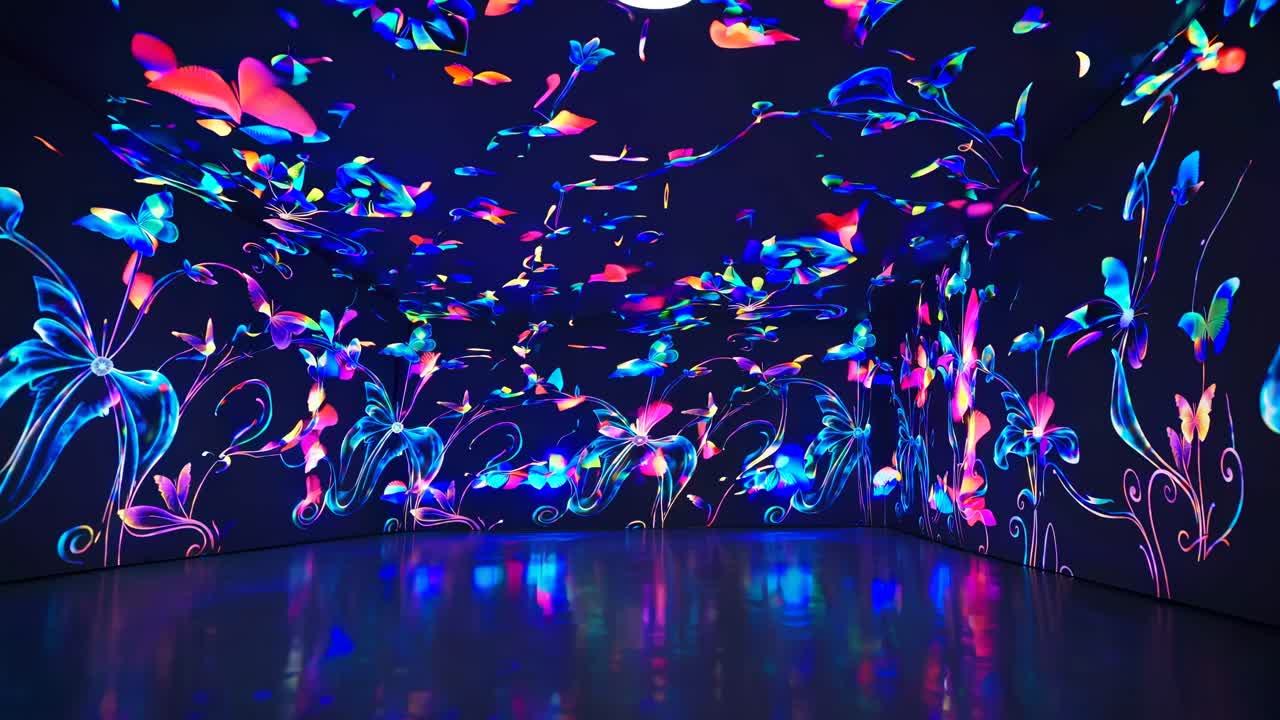 Immersive video art installation with vibrant neon floral patterns projected on walls and ceiling