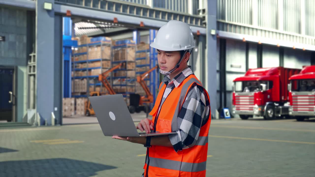 Side View Of Asian Male Engineer With Safety Helmet Working On A Laptop While Standing , Outside of Logistics Distributions Warehouse