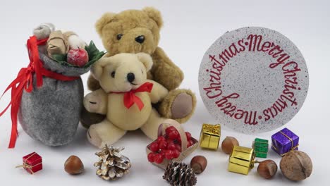 teddy bears and  christmas decoration, white background, 
children's decorative composition