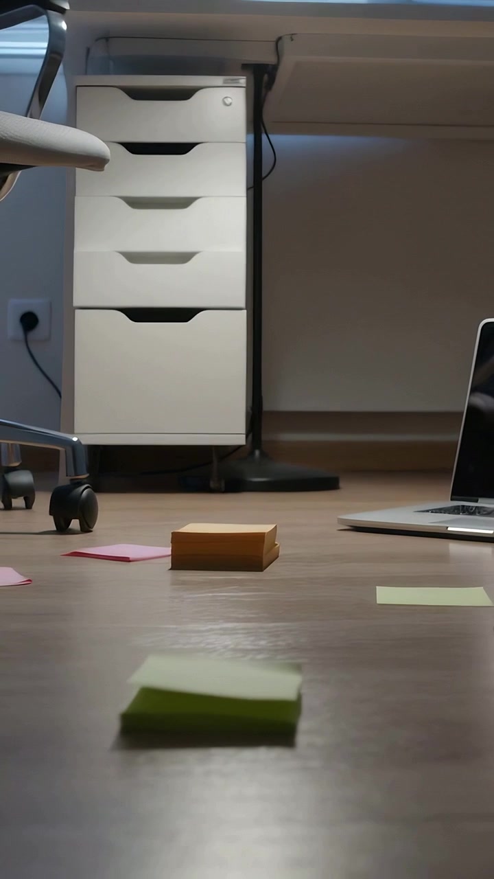 Video verticale: Telecamera che si allontana rivelando una pila di banconote verdi sul pavimento in ufficio, per mostrare il disordine.