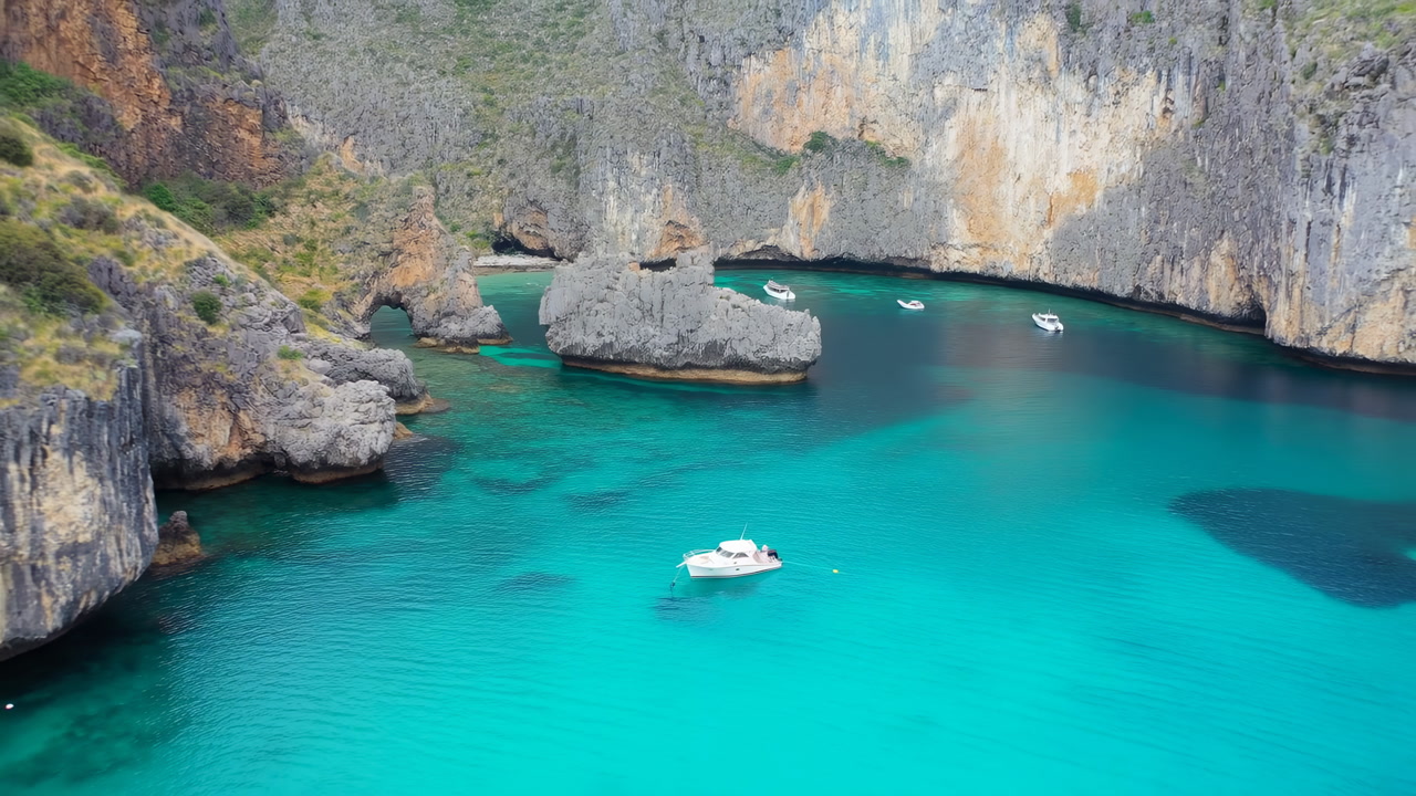 Turquoise Lagoon With Limestone Cliffs Boats Drifting On Crystal Clear Water Aerial Drone Captures Sunlit