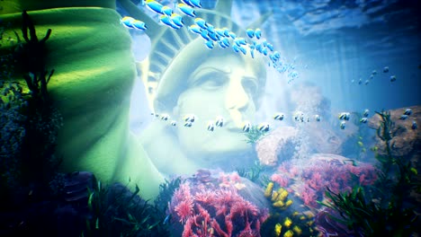 underwater ocean waves ripple with tropical fish and statue of liberty. looped