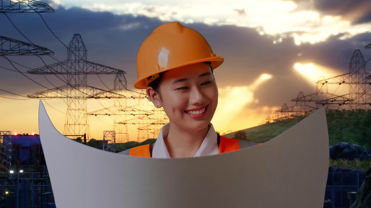 close up de ingeniera asiática con casco de seguridad mirando el plano en sus manos y mirando a su alrededor mientras está de pie cerca de la torre de alto voltaje