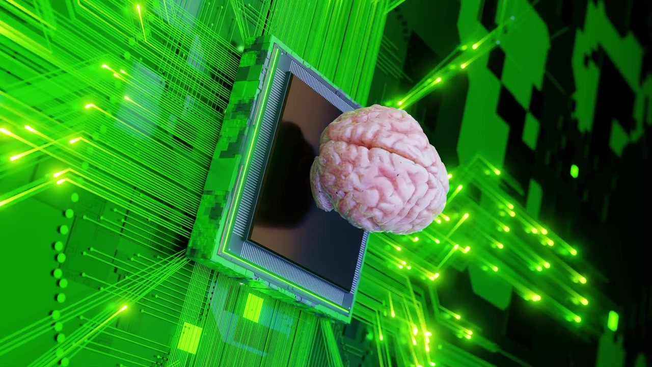 Human brain model on a microchip with glowing neon connections on a green circuit board. Artificial intelligence and technology concept. Design for banner, poster, wallpaper, and vertical