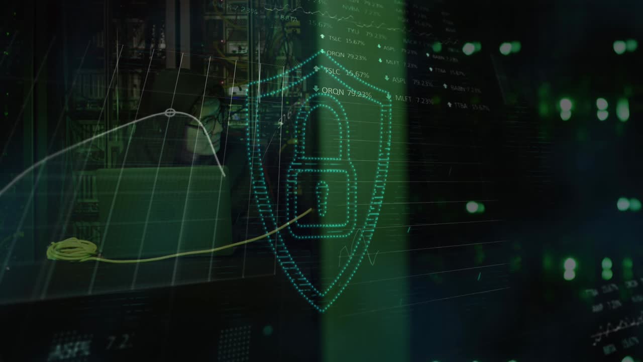 Animation of data over asian male hacker in hoodie using laptop by computer server