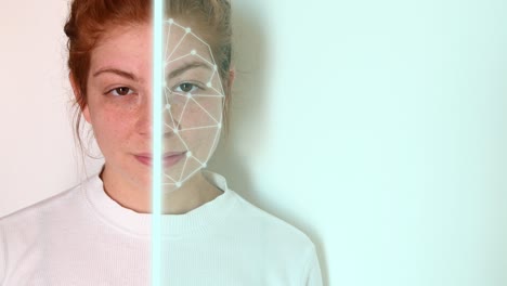 close up of a young woman with red hair, with a white shirt on a white background, with facial recognition high tech animation with tracking points and a glow effect on only half of her face