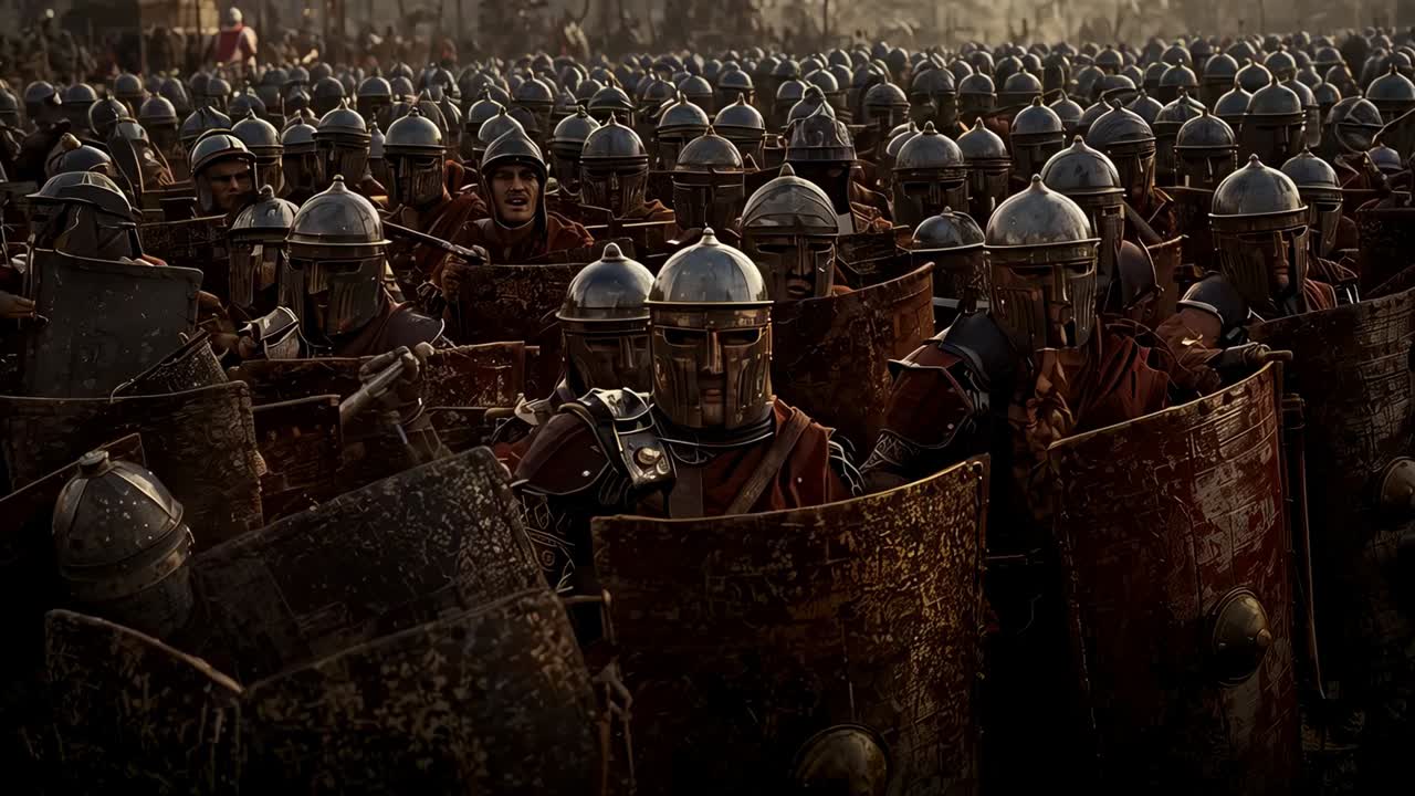 Stepping front soldier in armor and helmet advancing on dusty plain near ridge, holding shield wall