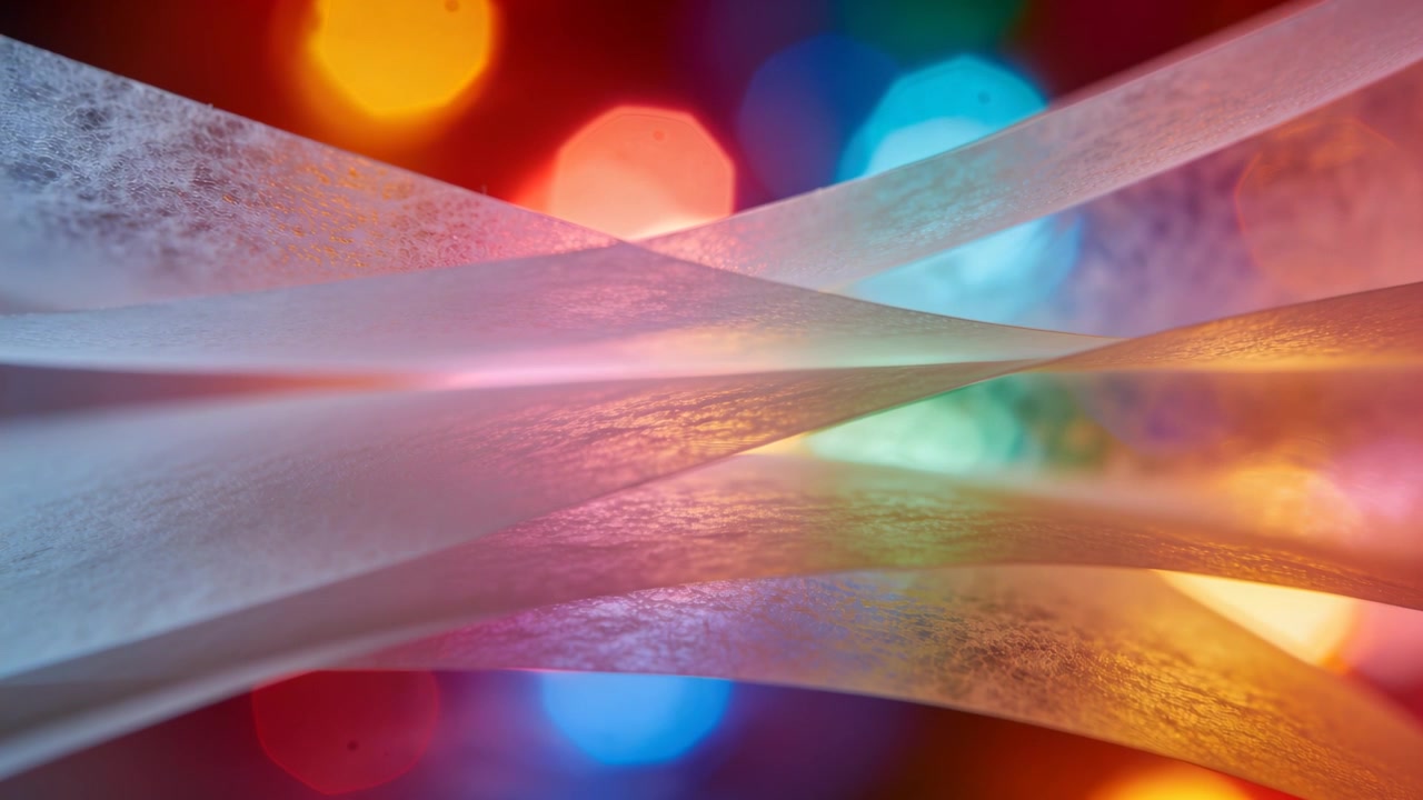 Shifting translucent bands flexing at close-up studio tabletop, showing warm orange and teal bokeh