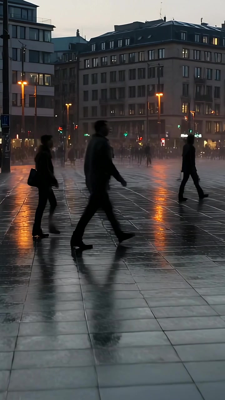 Vertical video: Crossing pedestrian group after light change at dusk plaza with coats and wet tiles