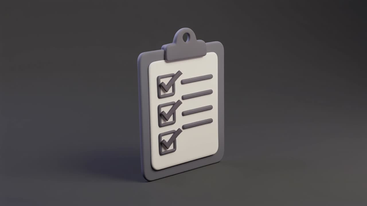 Portapapeles 3D animado con lista de verificación y marcas de verificación.