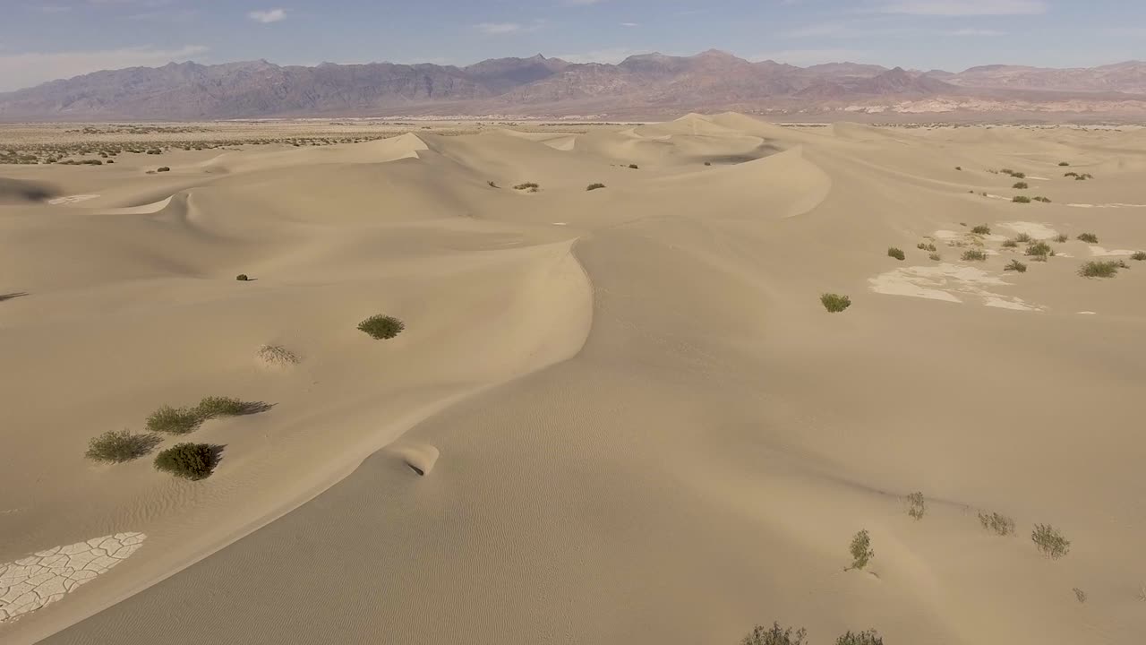 A typical desert landscape with sand dunes and little vegetation