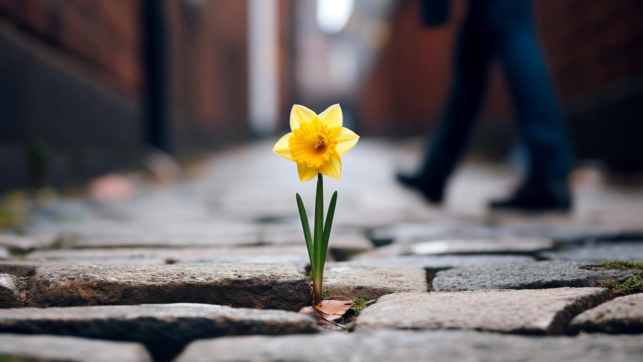 Narciso Amarelo Resiliente Crescendo em uma Calçada de Paralelepípedos Urbana