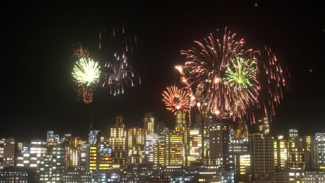 fireworks-explosions-above-city-at-night-on-black-background-with-glittering-stars,-3D-animation,-animated-fireworks,-camera-zoom-in