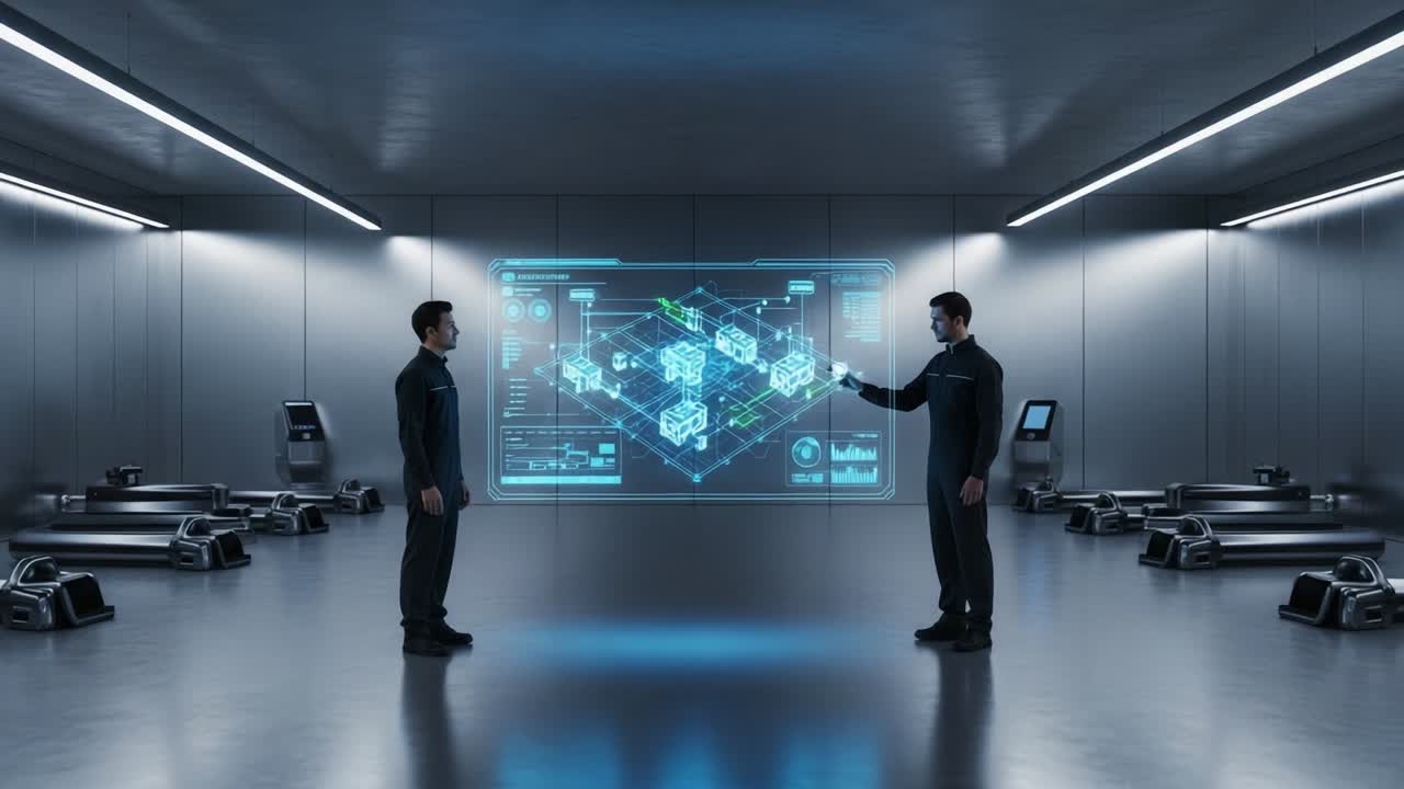 Two Individuals Engaging in a Collaborative Discussion in a Futuristic Laboratory Space, Analyzing High-Tech Data Displayed on a Transparent Screen, Set Against a Sleek, Modern Background