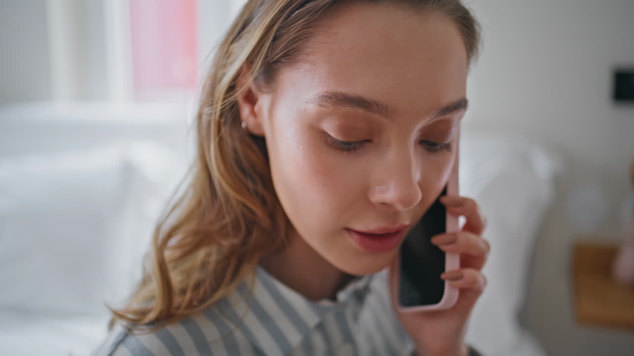 Domestic girl call smartphone in modern apartment interior closeup. Lady talking
