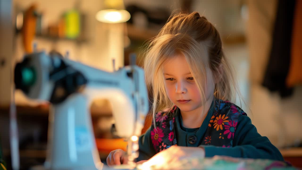 Young female carefully operating vintage sewing machine, concentrating on stitching fabric while learning intricate needlework skills in cozy home workshop during quiet evening light