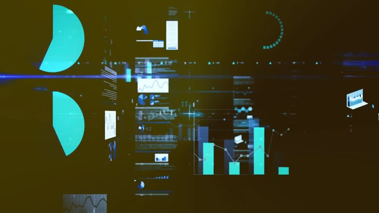 Animation of statistical data processing and blue light trails against grey background