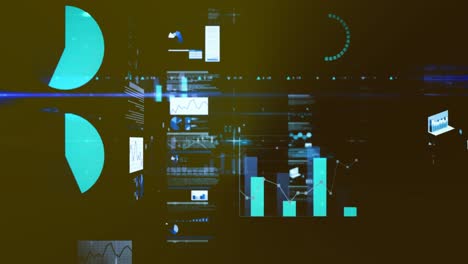 animación del procesamiento de datos estadísticos y senderos de luz azul contra un fondo gris.