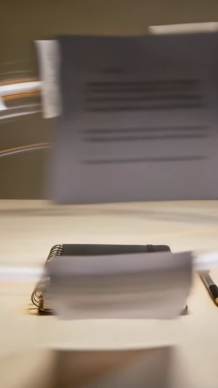 Vertical video: Sweeping sheets from rail passing above black notebook on desk, creating blur, pen