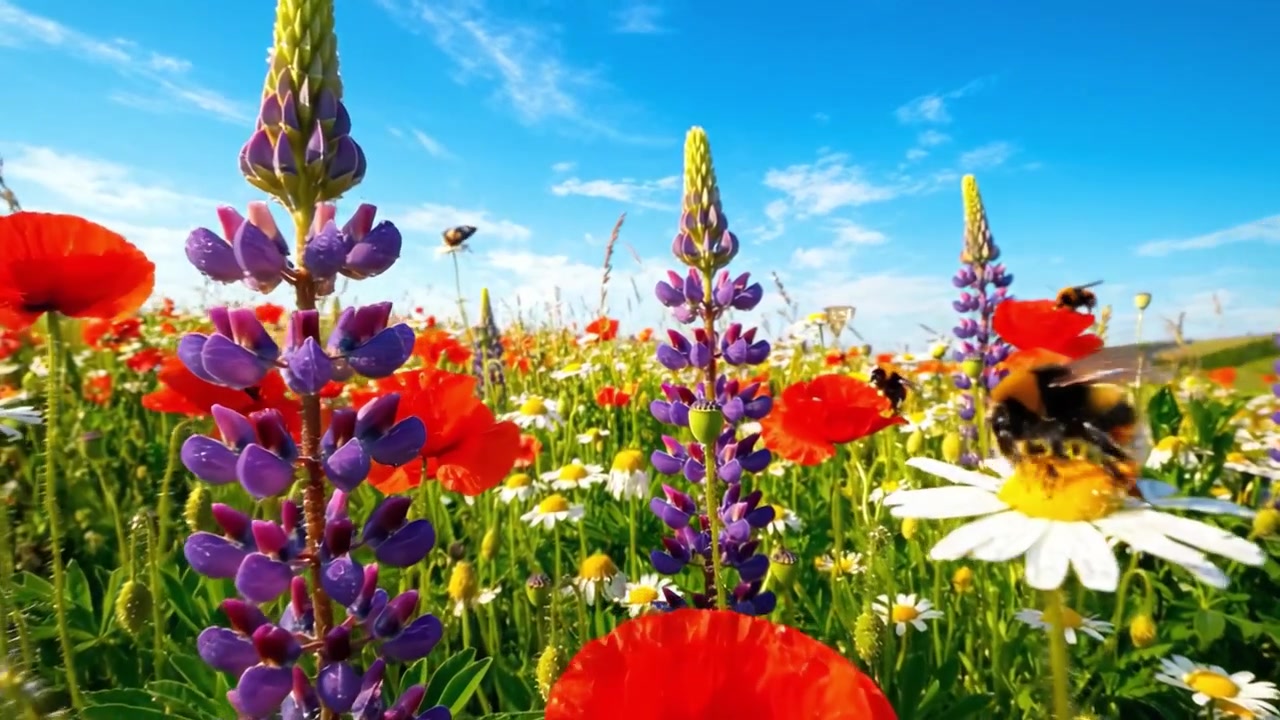 Vibrante Campo di Fiori Selvatici con un Cielo Bellissimo: Uno Spettacolare Display di Papaveri, Margherite e Lupini Colorati Sotto un Sole Splendente e Nuvole Soffici