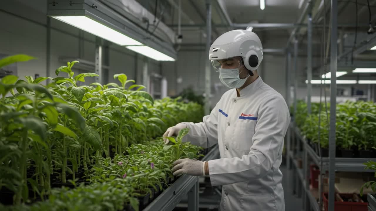 A meticulous worker in a high-tech greenhouse carefully tends to healthy plants under artificial lighting, showcasing advancements in agricultural technology and fully protective gear