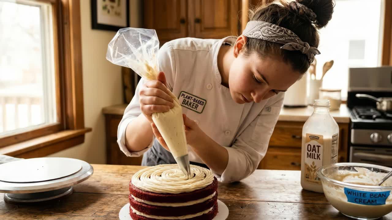 Kvinne dekorerer en vegansk Red Velvet-kake