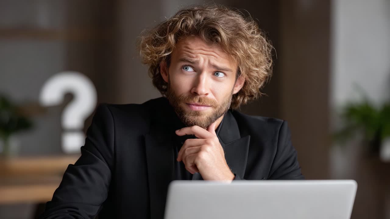 A Thoughtful Young Man Contemplates Ideas While Working on His Laptop, Surrounded by a Question Mark Symbolizing Inquiry and Curiosity