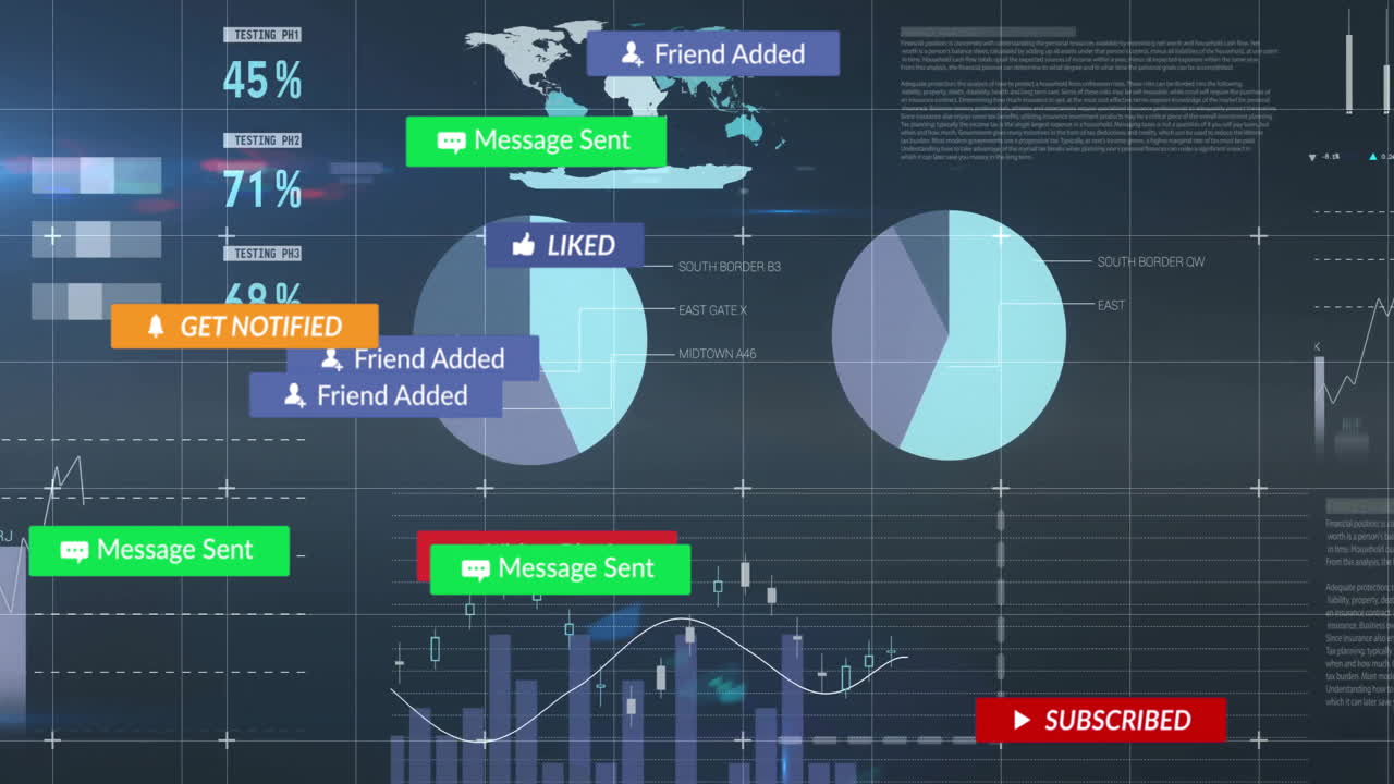 Flat design digital analytics dashboard displaying pie charts, world map, bar graphs over dark grid