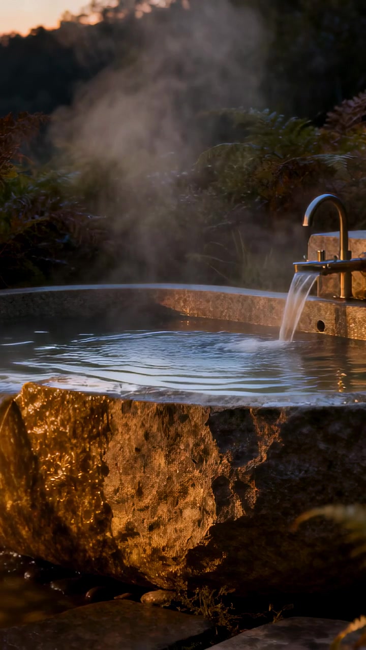 Video verticale: Rubinetto che versa acqua causando vapore e increspature su un lavabo in pietra, marketing spa al tramonto.