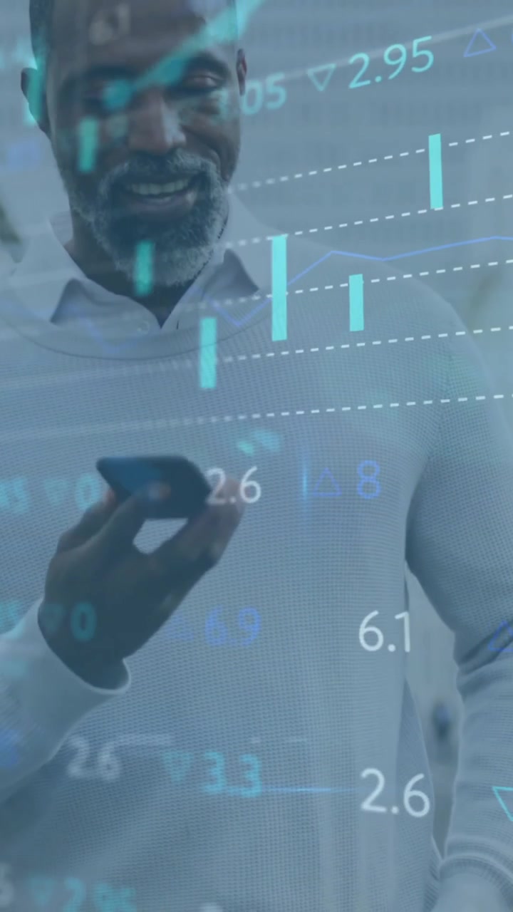 Animation of financial data processing over african american businessman using smartphone