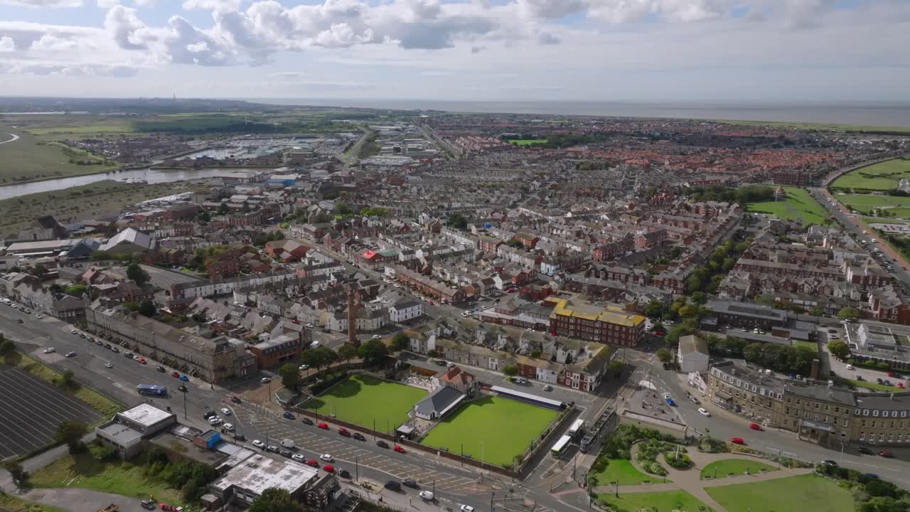 Whole of The Town Of Fleetwood From Above, Approaching Towards The North Euston Hotel Over The River Wyre Estuary. Lancashire, UK