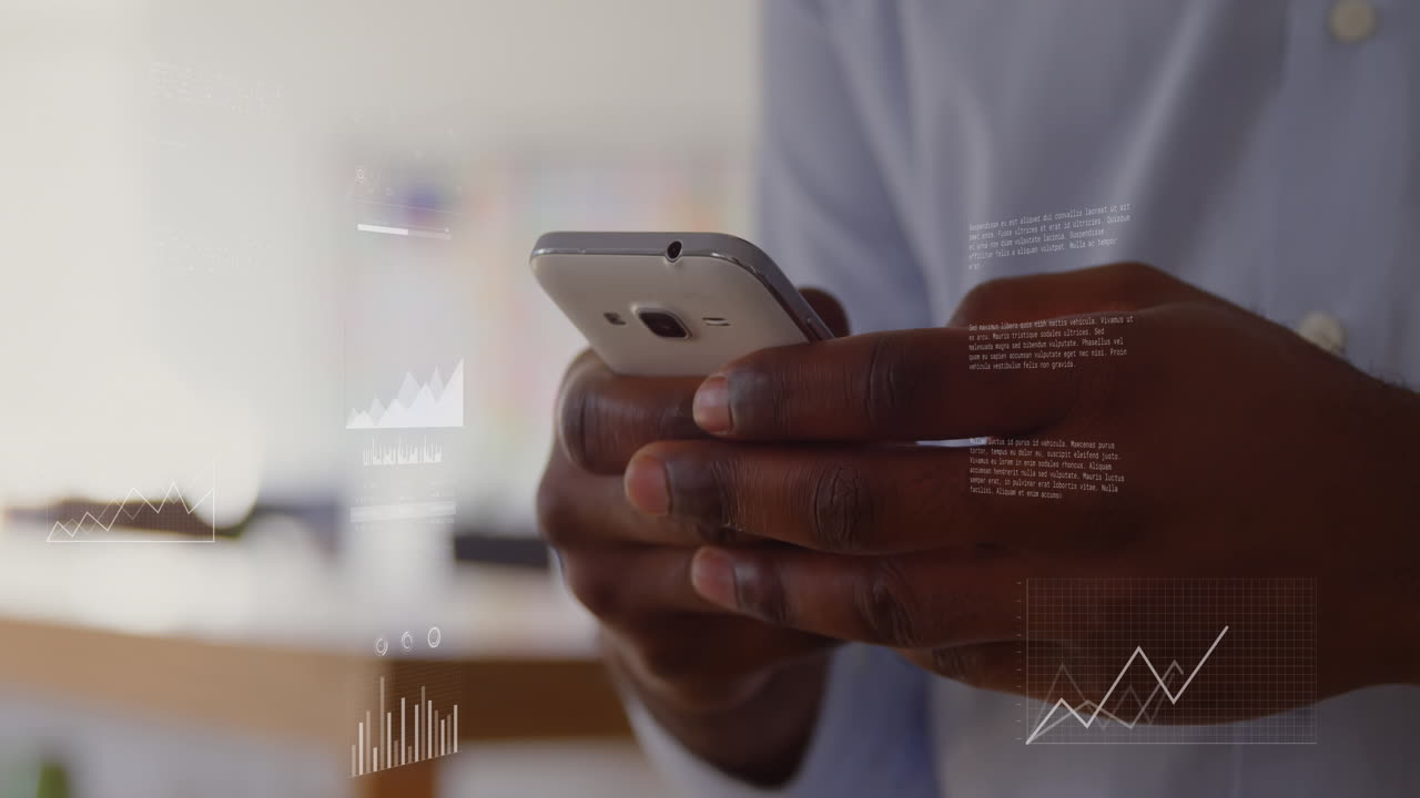 animazione dell'elaborazione dei dati su un uomo afroamericano che usa uno smartphone