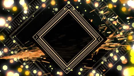 animation of golden diamond frame with copy space and christmas fairy lights flickering