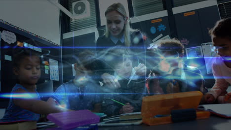 animation of lights and waves over caucasian female teacher and class of diverse pupils