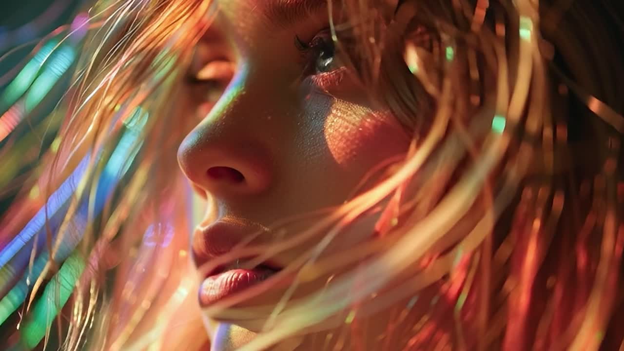Colorful light reflections on a young woman's face in soft focus